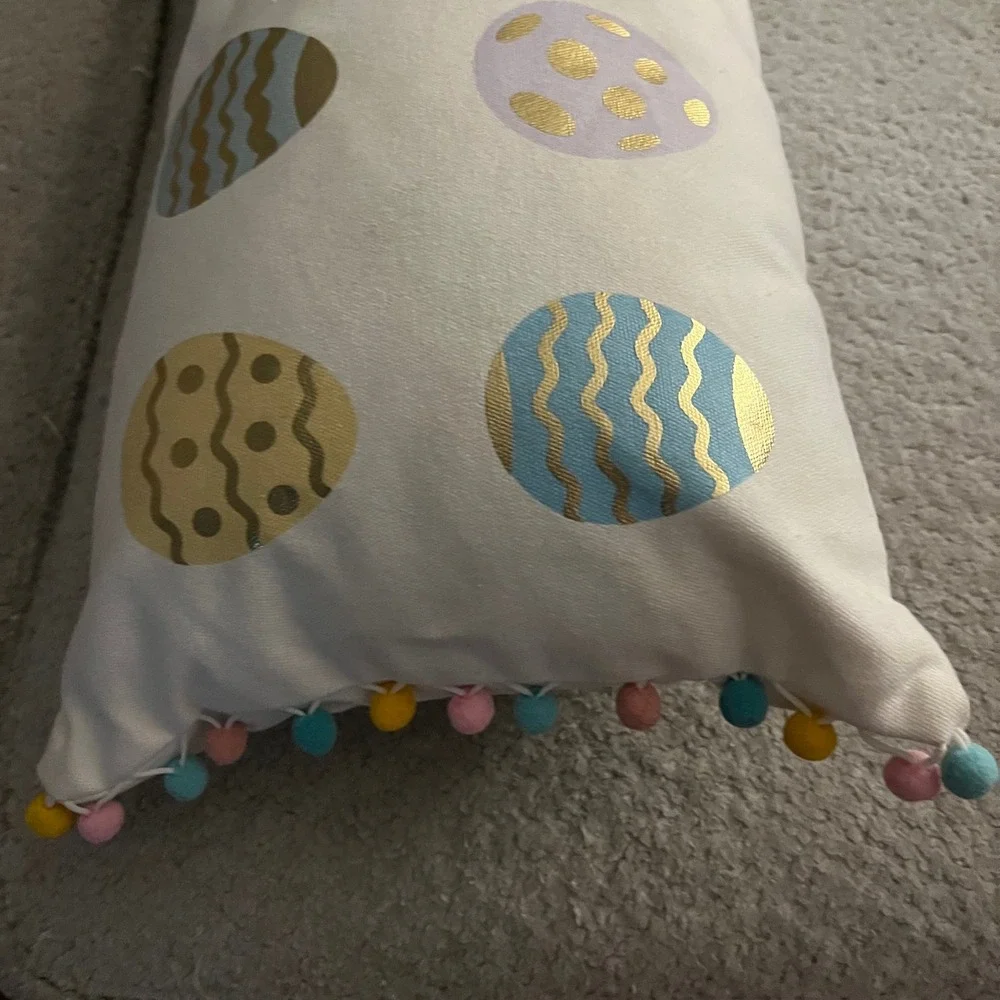 Easter Egg Lumbar Pillow Pastel Gold Foil Pom Pom Trim Spring‎ Decor White